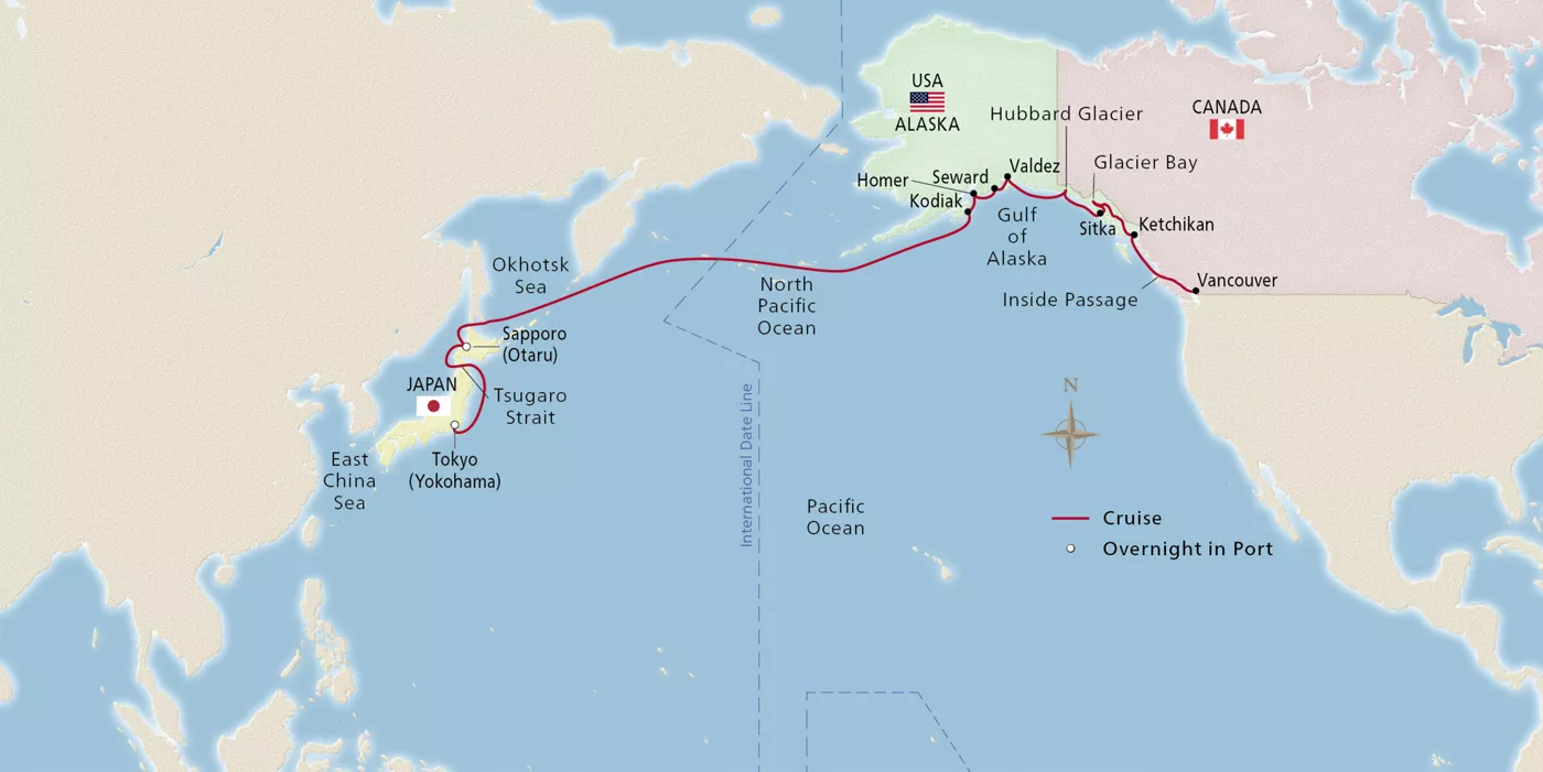 Viking Orion North Pacific Passage September 18–October 10, 2028 voyage OOR280918 official itinerary map