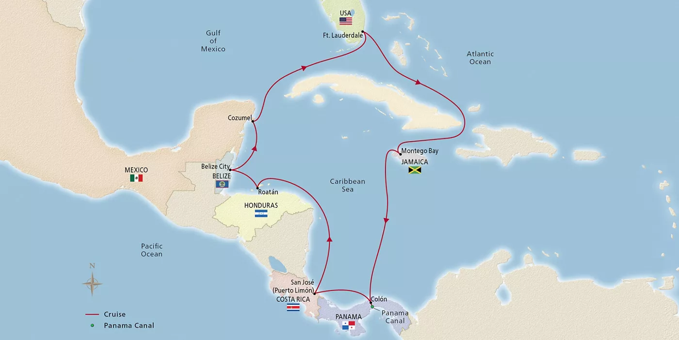 Viking Mars Panama Canal & Central America January 7–21, 2029 voyage OMA290107 official itinerary map