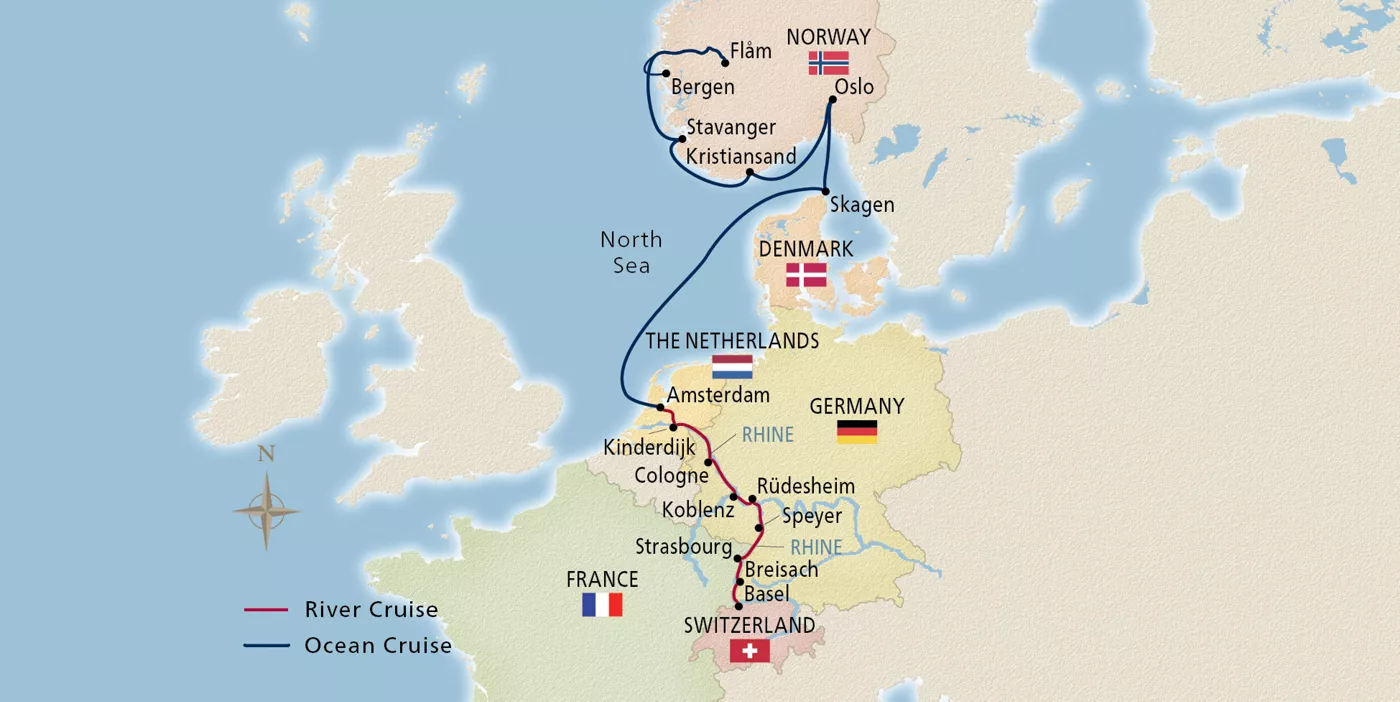 Viking Vela Rhine & Viking Shores & Fjords May 28–June 11, 2027 voyage OVL270528Y official itinerary map