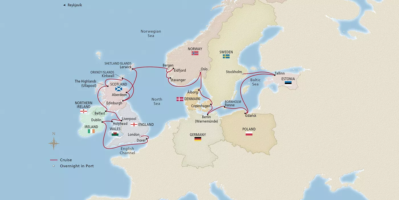 Viking Mira Scandinavia & the British Isles May 15–June 12, 2028 voyage OMI280515A official itinerary map