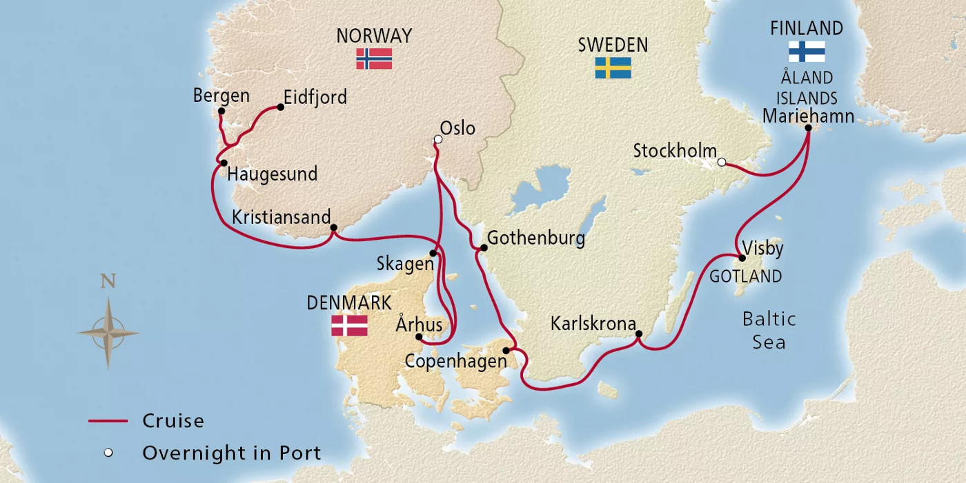 Viking Saturn NEW! Scenic Scandinavia & Baltic Jewels August 3–17, 2028 voyage OSA280803A official itinerary map
