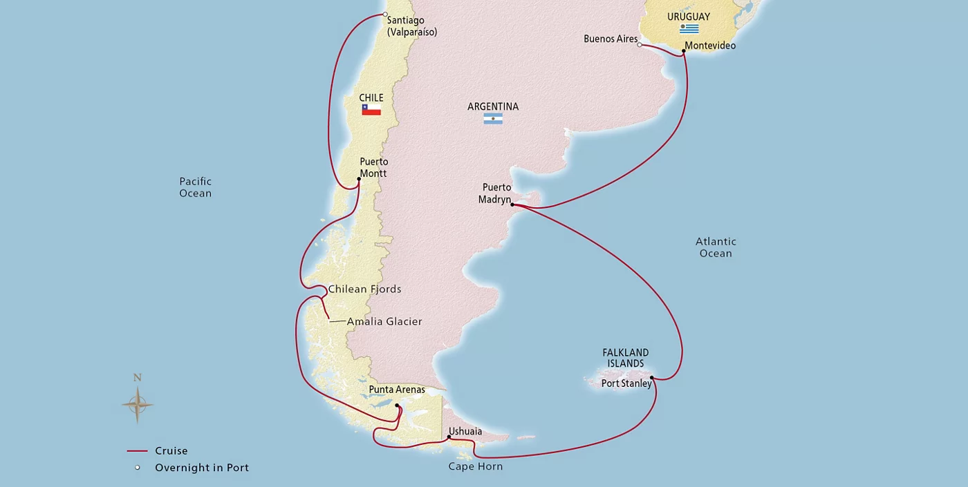 Viking Jupiter South America & the Chilean Fjords December 4–21, 2027 voyage OJU271204 official itinerary map