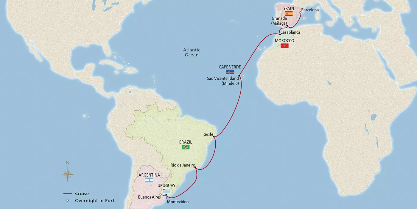 Viking Jupiter Southern Atlantic Crossing March 15–April 5, 2028 voyage OJU280315 official itinerary map