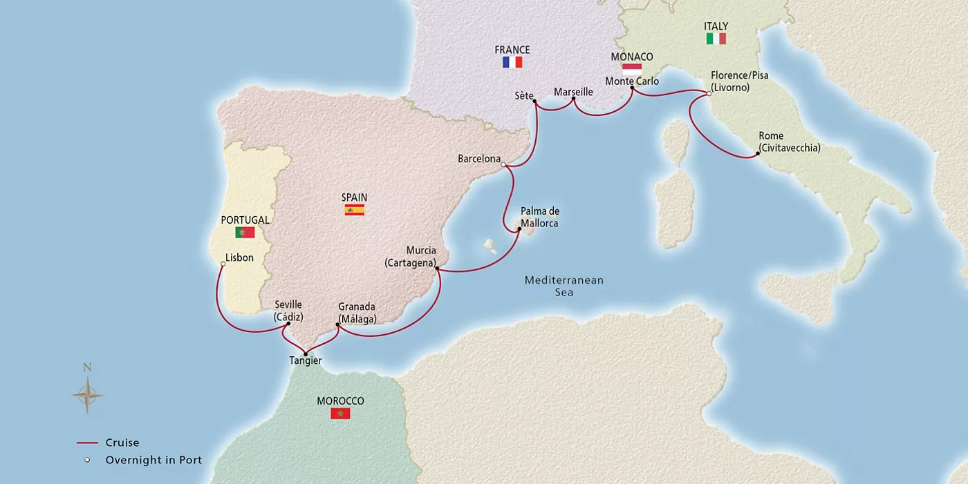 Viking Jupiter NEW! Spain, Portugal & the Mediterranean September 18–October 2, 2027 voyage OJU270918A official itinerary map