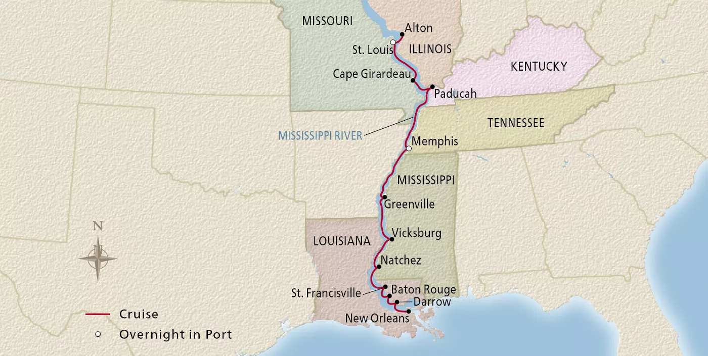 Viking Mississippi The Big Easy to the Gateway City August 15–29, 2028 voyage MSP280815 official itinerary map