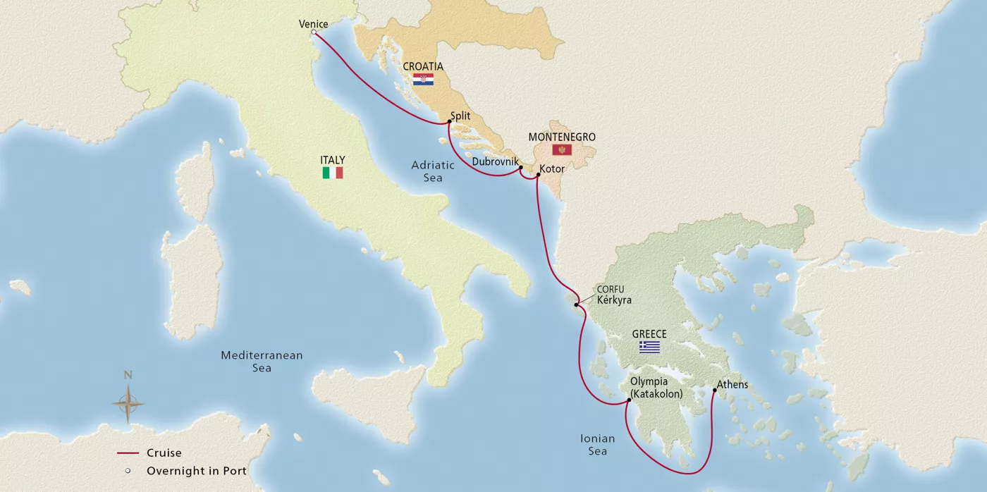 Viking Vesta Venice, the Adriatic & Greece March 11–18, 2027 voyage OVS270311 official itinerary map