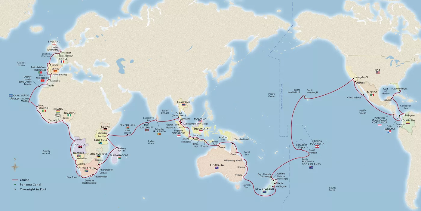 Viking Vesta Viking World Cruise December 28, 2027–May 17, 2028 voyage OVS271228D official itinerary map