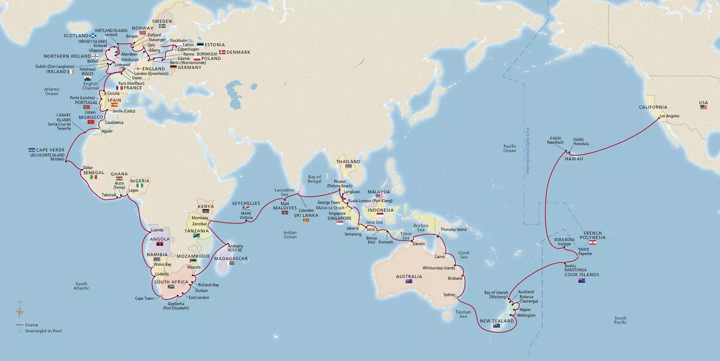 Viking Vesta Viking World Voyage IV January 7–June 8, 2029 voyage OVS290107E official itinerary map