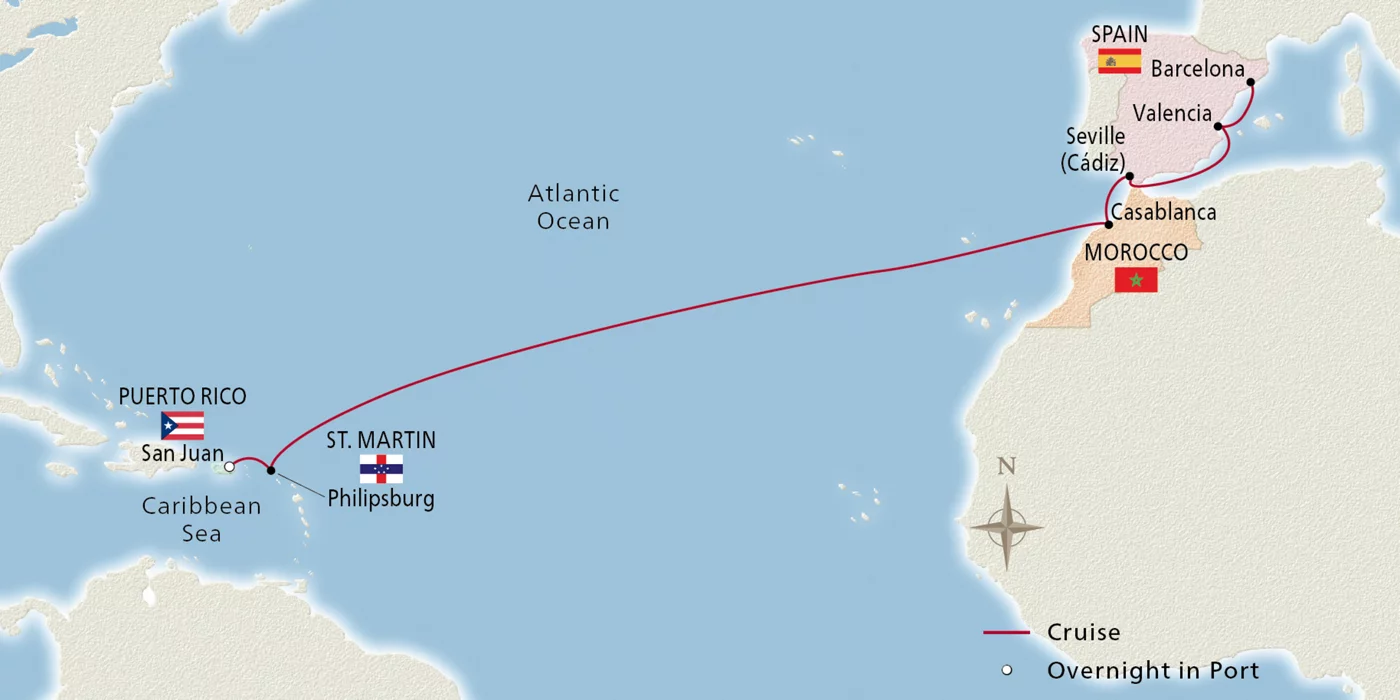 Viking Sea West Indies to Iberia March 1–15, 2029 voyage OSE290301 official itinerary map