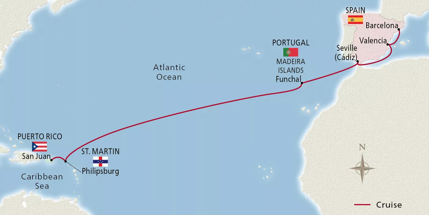 Viking Sky West Indies to Spain November 1–14, 2028 voyage OSK281101 official itinerary map