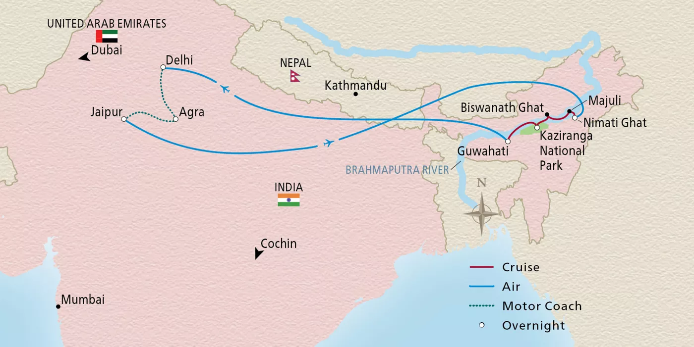 Viking Brahmaputra NEW! Wonders of India II February 19–March 5, 2029 voyage BRM290225T official itinerary map