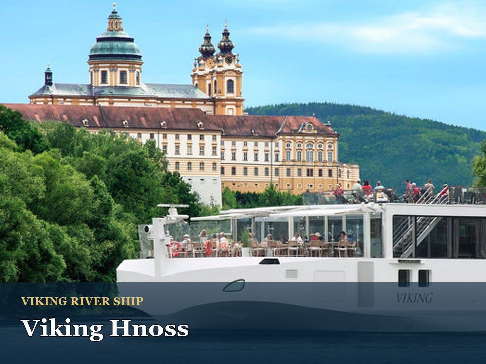 Viking Hnoss cruise ship — Viking river cruise near historic abbey