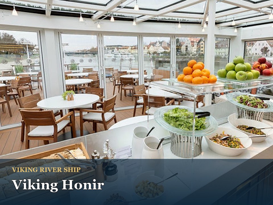 Viking Honir cruise ship — Modern riverside dining area with buffet setup