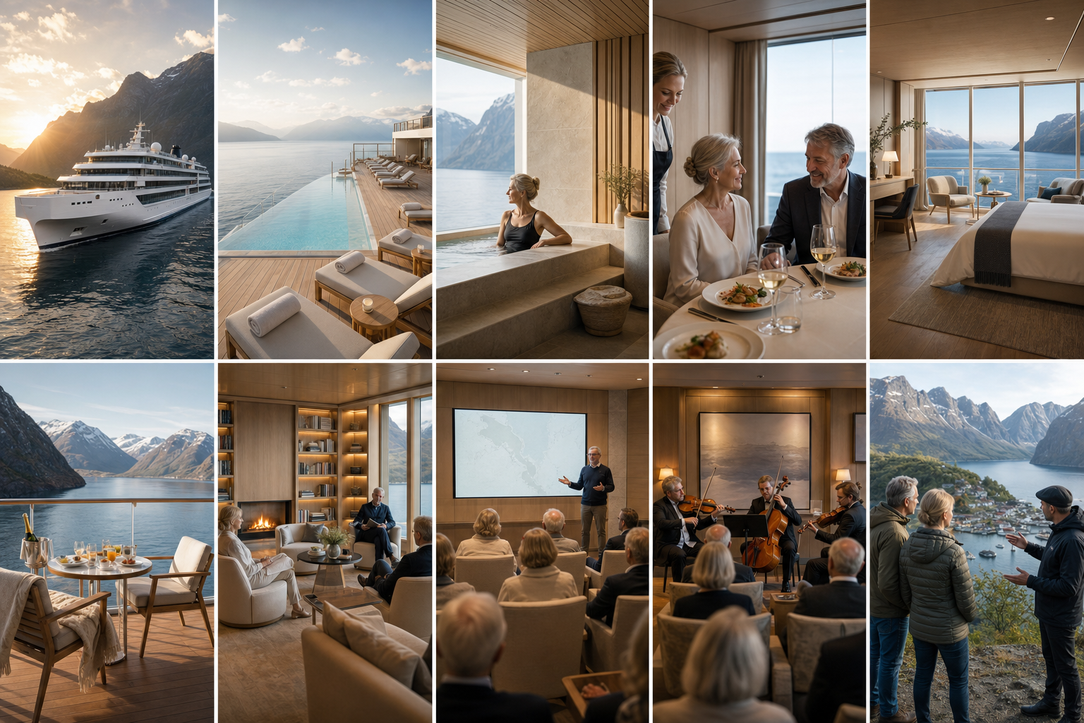 Viking luxury cruise inspiration featuring a ship, pool deck, Nordic spa, dining, suite, veranda, lounge, destination lecture, classical music, and Norwegian exploration