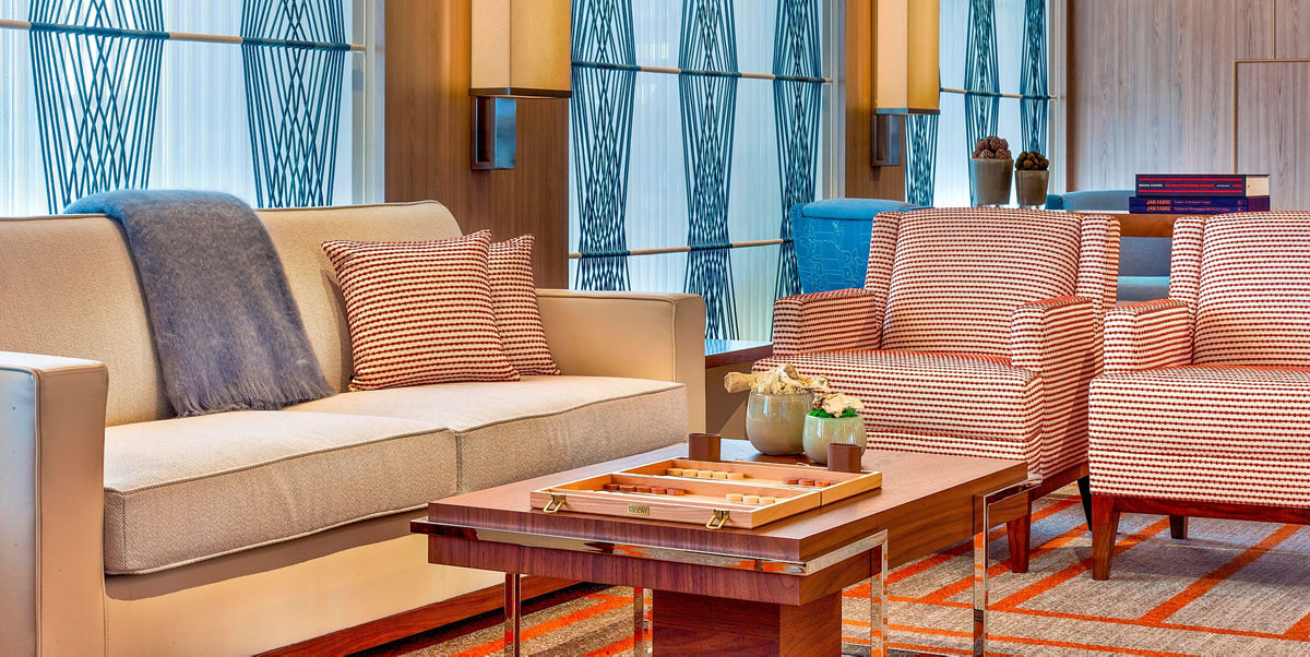 Light-filled Living Room lounge aboard a Viking ocean ship