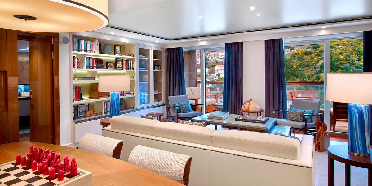 Living room and veranda in a Viking ocean ship Owner's Suite