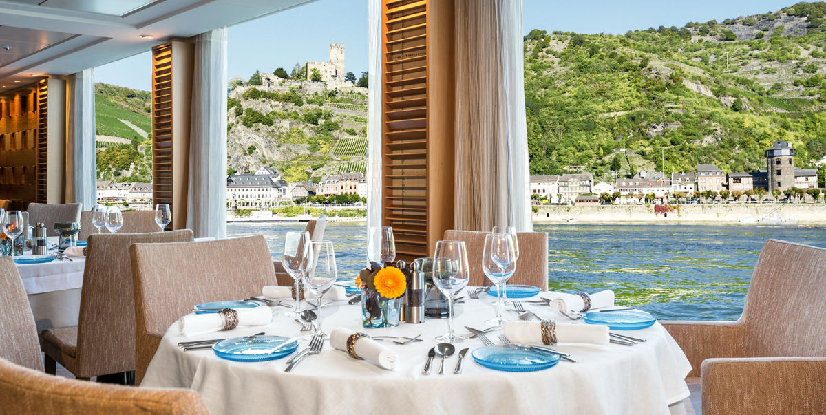Viking river ship restaurant with panoramic river views