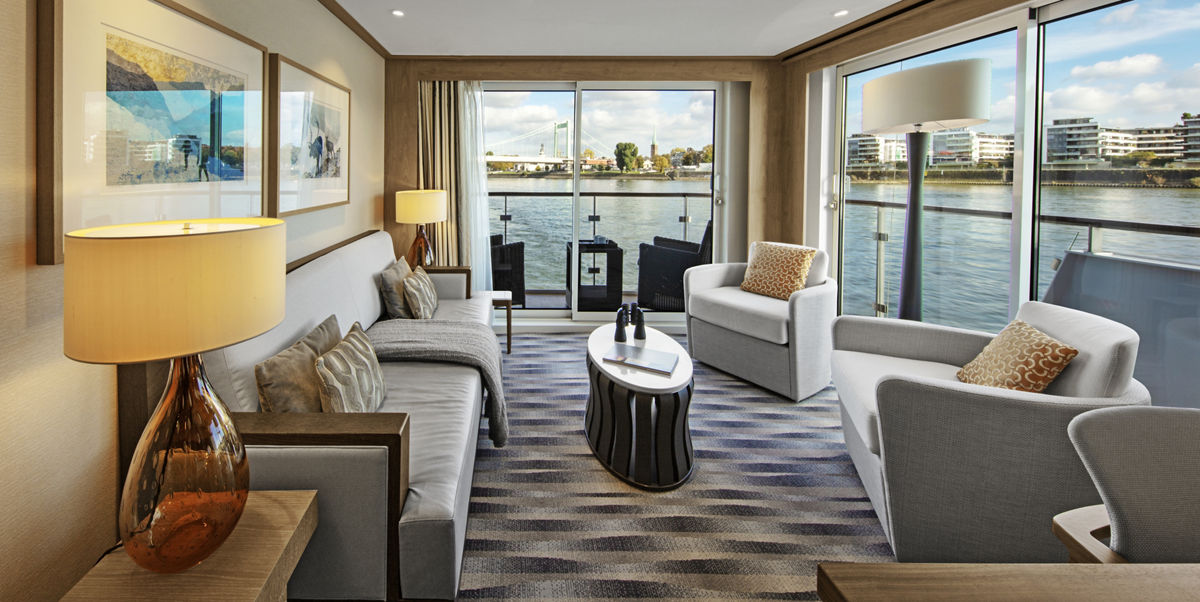 Explorer Suite living room and balcony aboard a Viking Longship