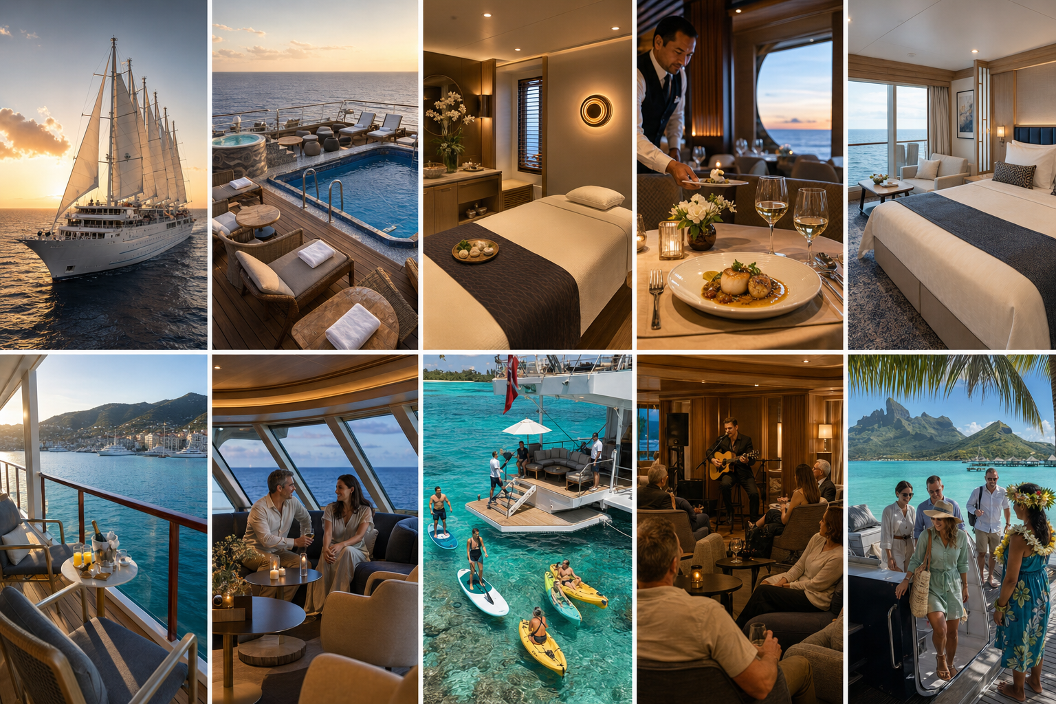 Ten-panel Windstar luxury cruise inspiration collection featuring a sailing yacht, pool deck, spa, dining, suite, private veranda, observation lounge, marina watersports, live music, and French Polynesia